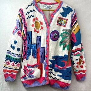 Vtg 90’s Together Knit Colorful Paradise Cardigan Sz Small Cottagecore Beach